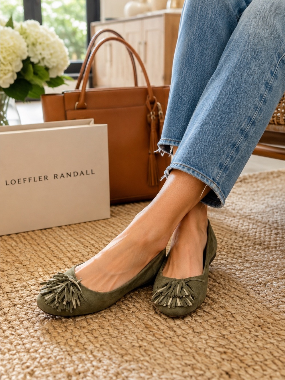 Loeffler Randall Olive Suede Fringe Tassel Ballet Flats Size 8.5 B